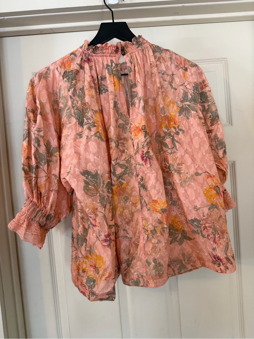 Pilcro Peach Floral Paisley Smocked-Neck Blouse Hobo Flowy 100% cotton sz L - Picture 6 of 9
